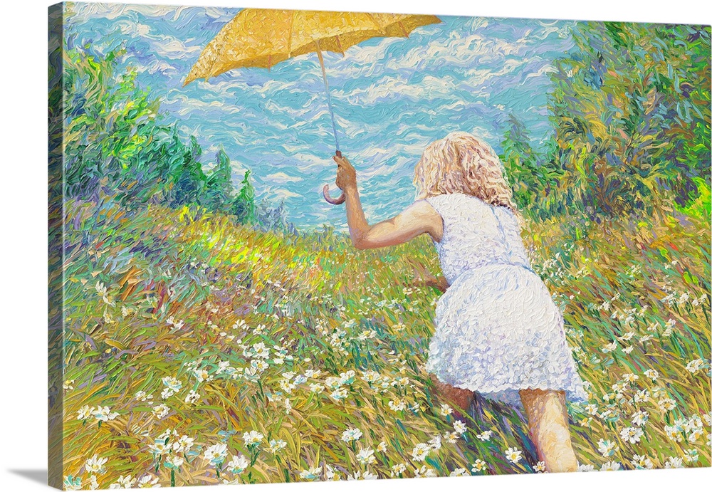 Brightly colored contemporary artwork of a woman in white in a field of flowers.
