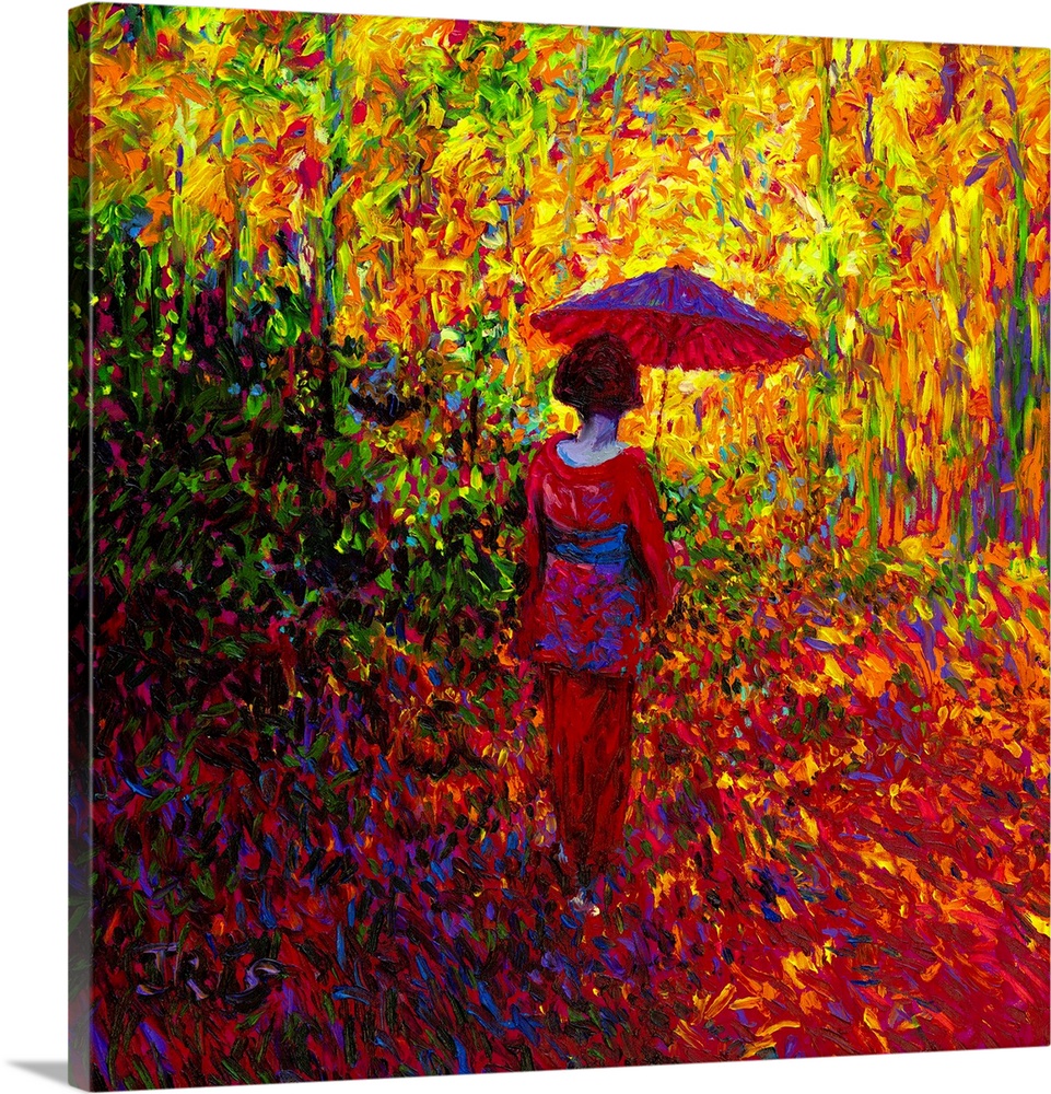 Brightly colored contemporary artwork of a geisha taking a walk.