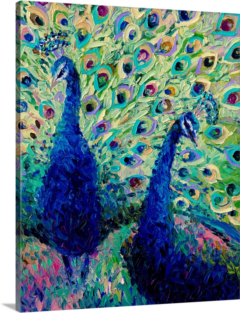 Brightly colored contemporary artwork of colorful peacocks.
