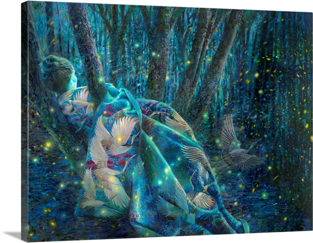 Brightly colored contemporary artwork of a goddess in the forest.
