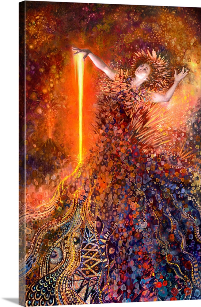 Brightly colored contemporary artwork of a goddess surrounded by fire.