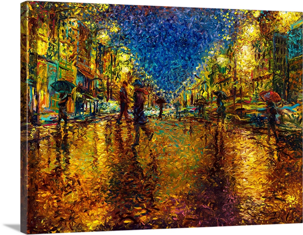 Brightly colored contemporary artwork of a city street painting at night.