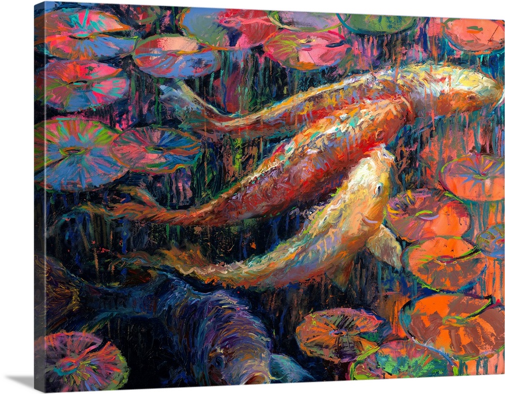 Brightly colored contemporary artwork of a colorful fish with lily pads.