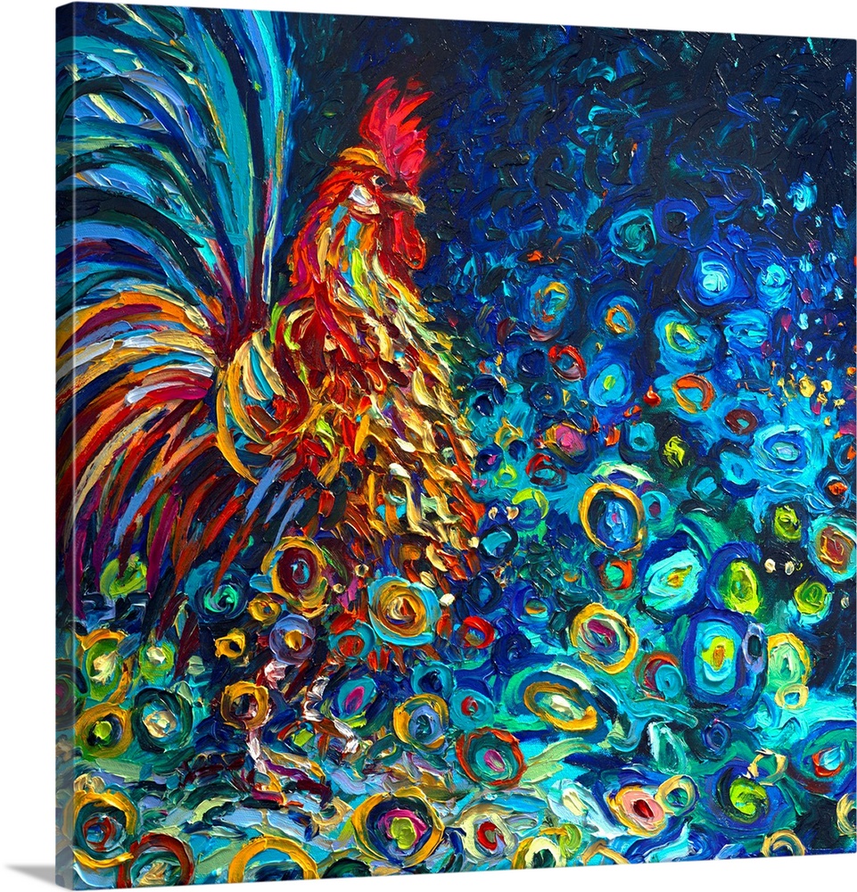 Brightly colored contemporary artwork of a colorful rooster.