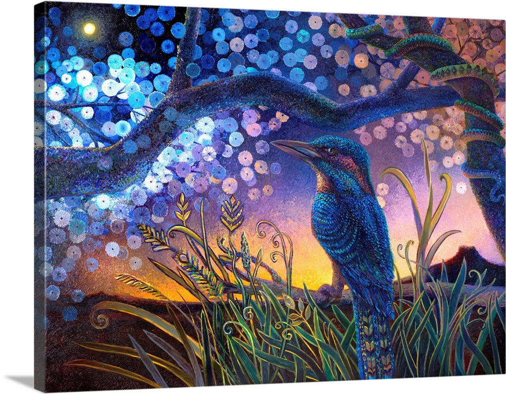 Brightly colored contemporary artwork of a kookabura in a tree.