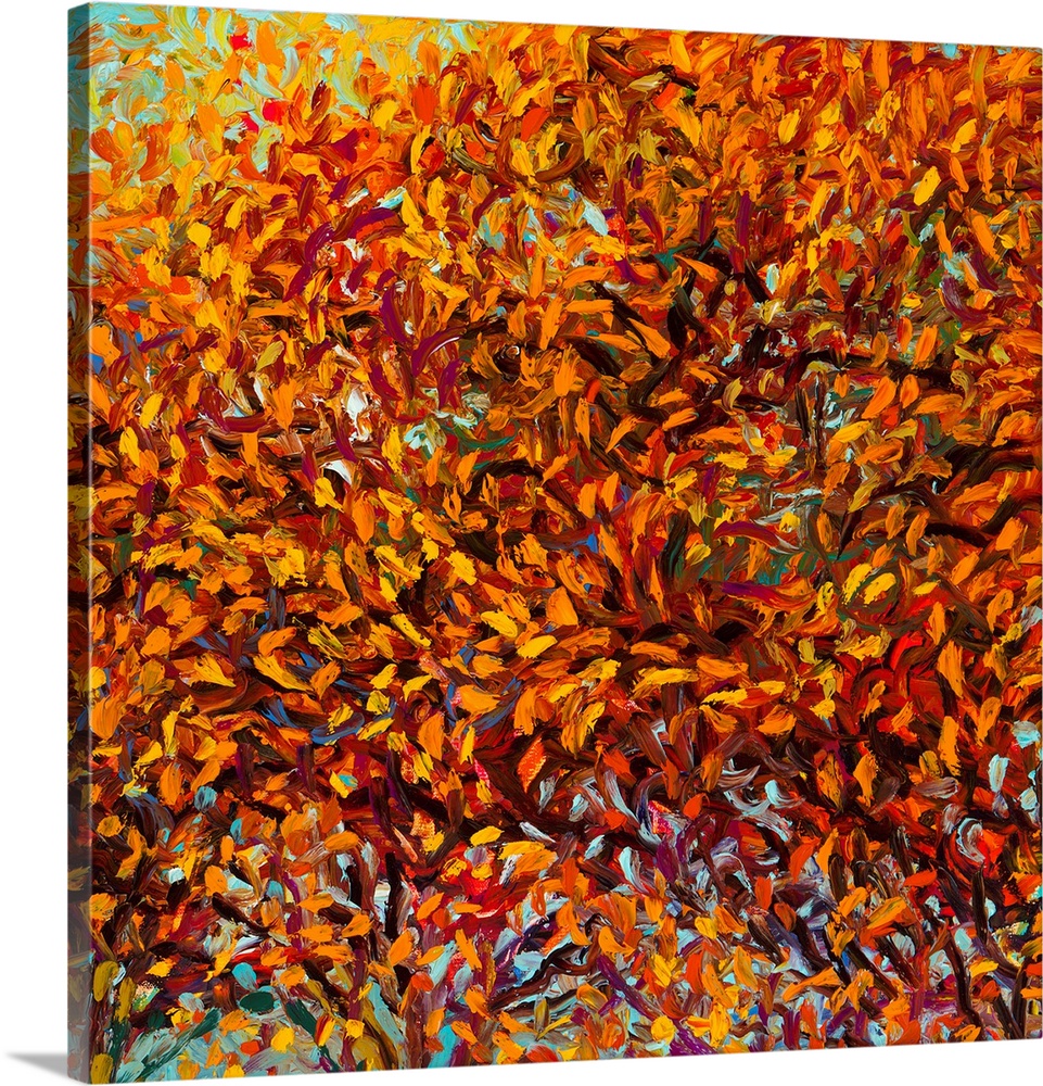 Brightly colored contemporary artwork of a road with fall colored trees.