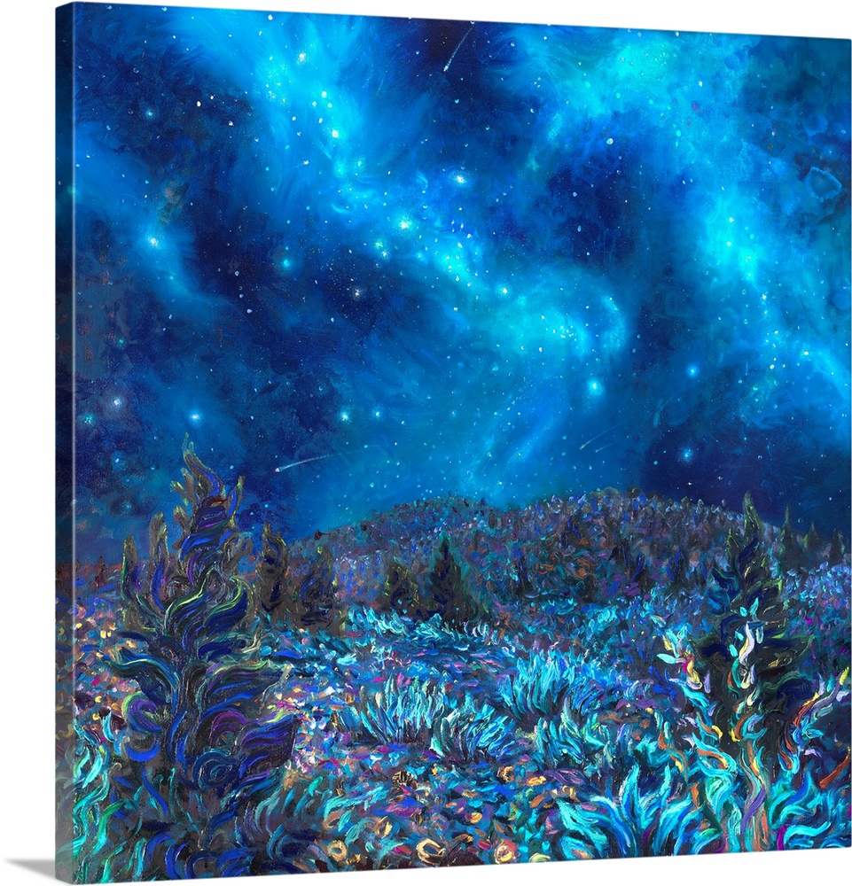 Brightly colored contemporary artwork of constellations over a field at night.