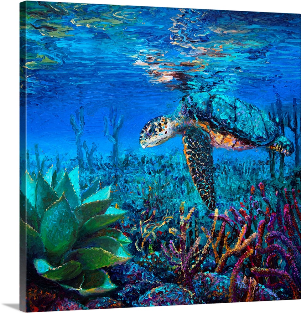 Brightly colored contemporary artwork of a turtle swimming above coral.