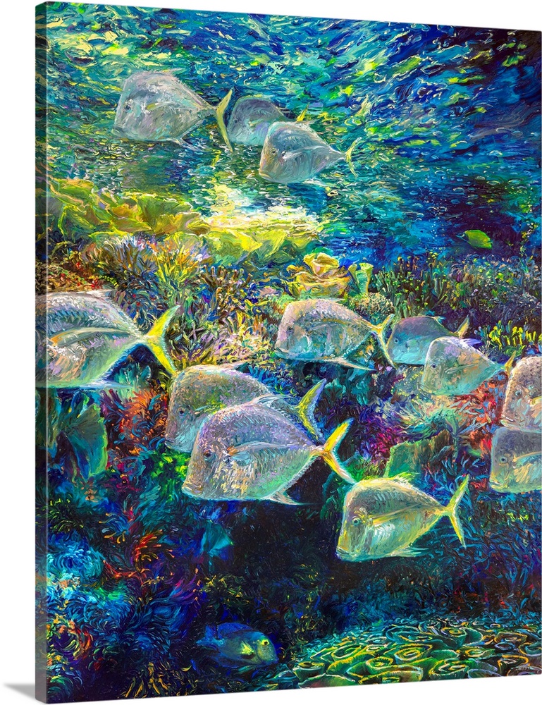 Brightly colored contemporary artwork of a fish swimming around coral.