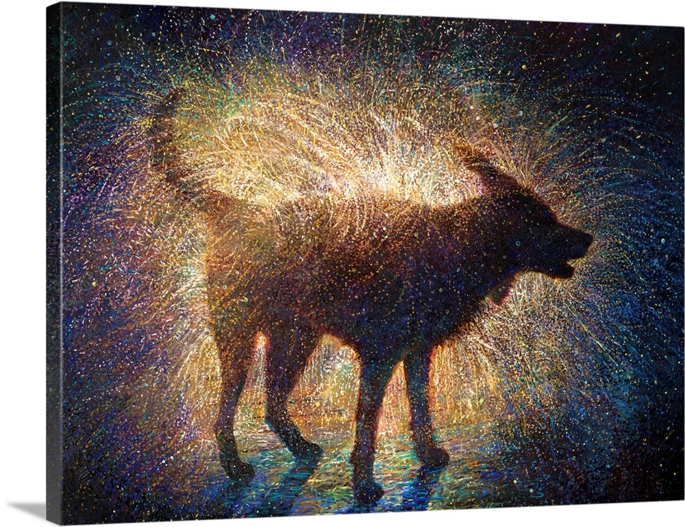 Brightly colored contemporary artwork of a dog shaking off water in front of light.