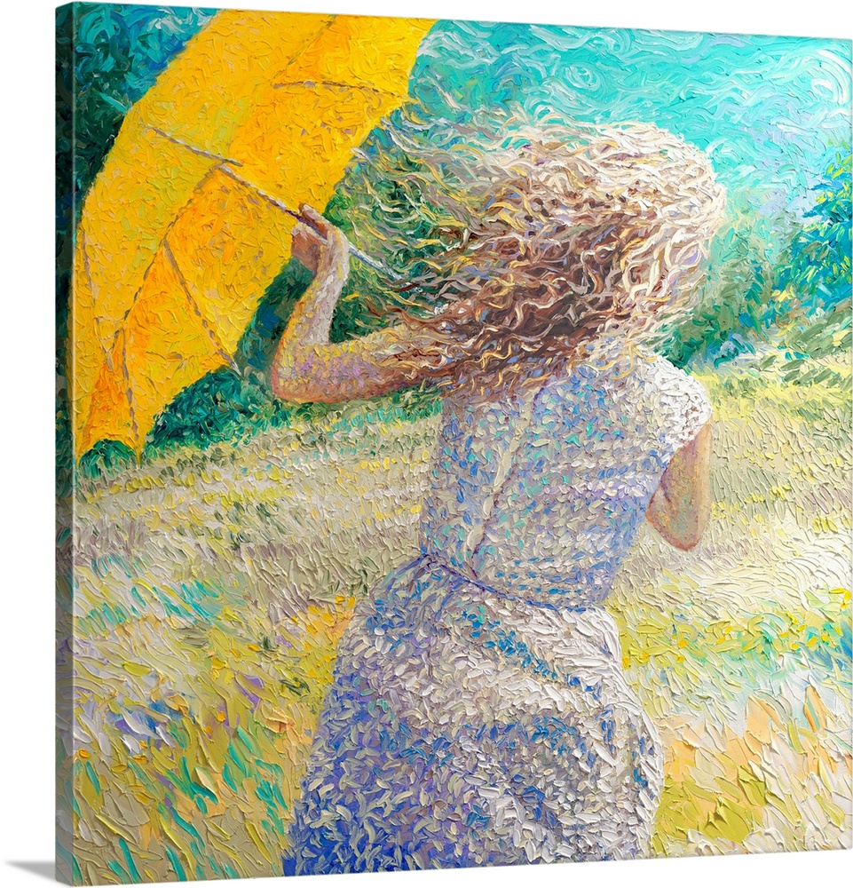 Brightly colored contemporary artwork of a woman in a windy field.