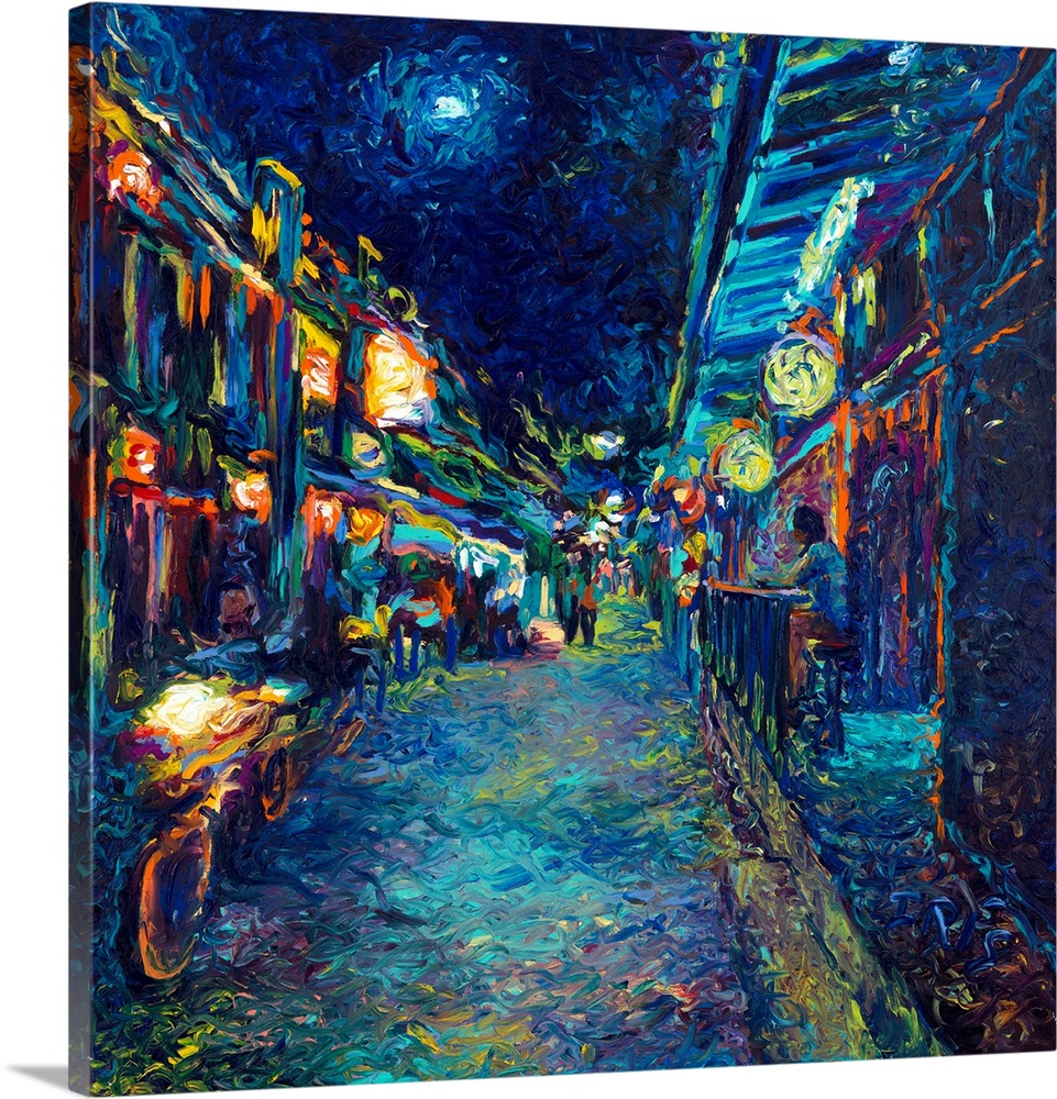 Brightly colored contemporary artwork of an alley view street.