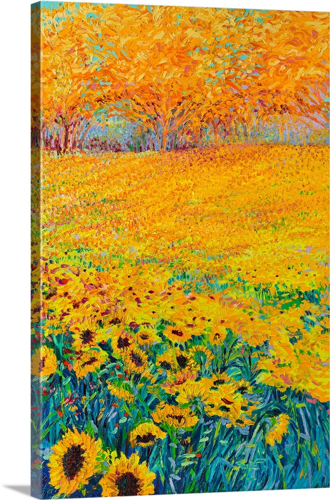 Brightly colored contemporary artwork of a field of sunflowers.