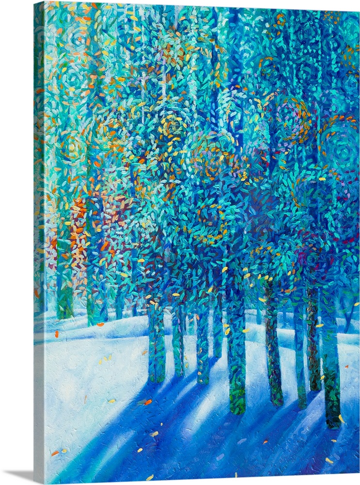 Brightly colored contemporary artwork of blue trees in the snow.