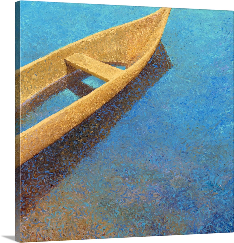 Brightly colored contemporary artwork of a boat in the water.