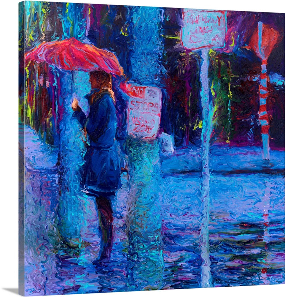 Brightly colored contemporary artwork of a woman standing at a crosswalk in the rain.