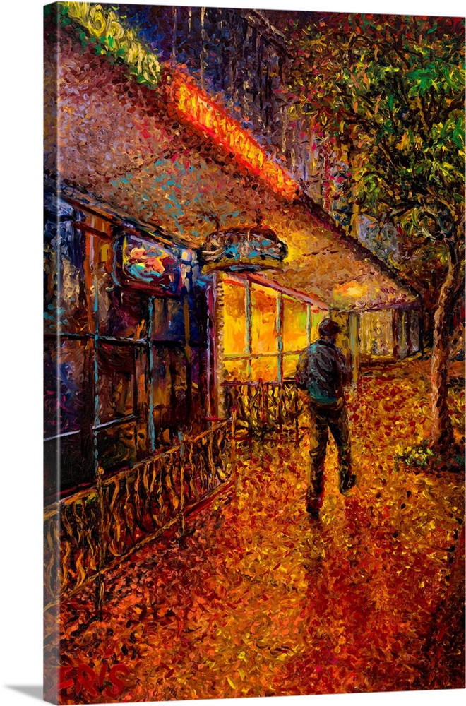 Brightly colored contemporary artwork of a man walking by a bar.