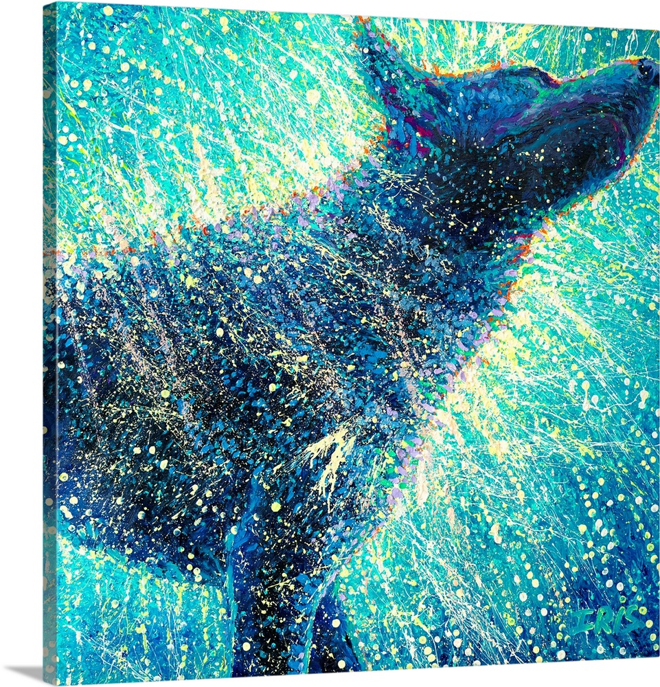 Brightly colored contemporary artwork of a blue dog shaking off water.