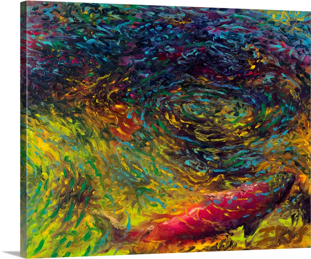Brightly colored contemporary artwork of a single sockeye in rippling water.