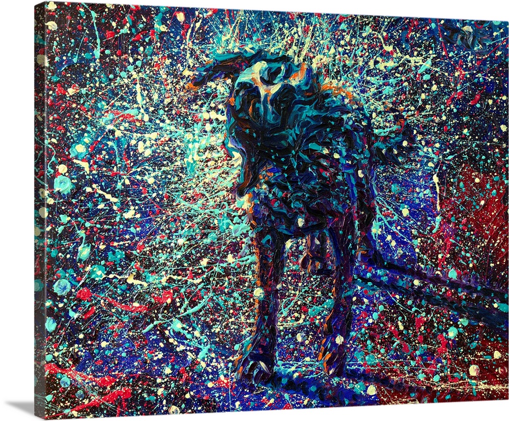 Brightly colored contemporary artwork of a splatter painting of a dog shaking off water.