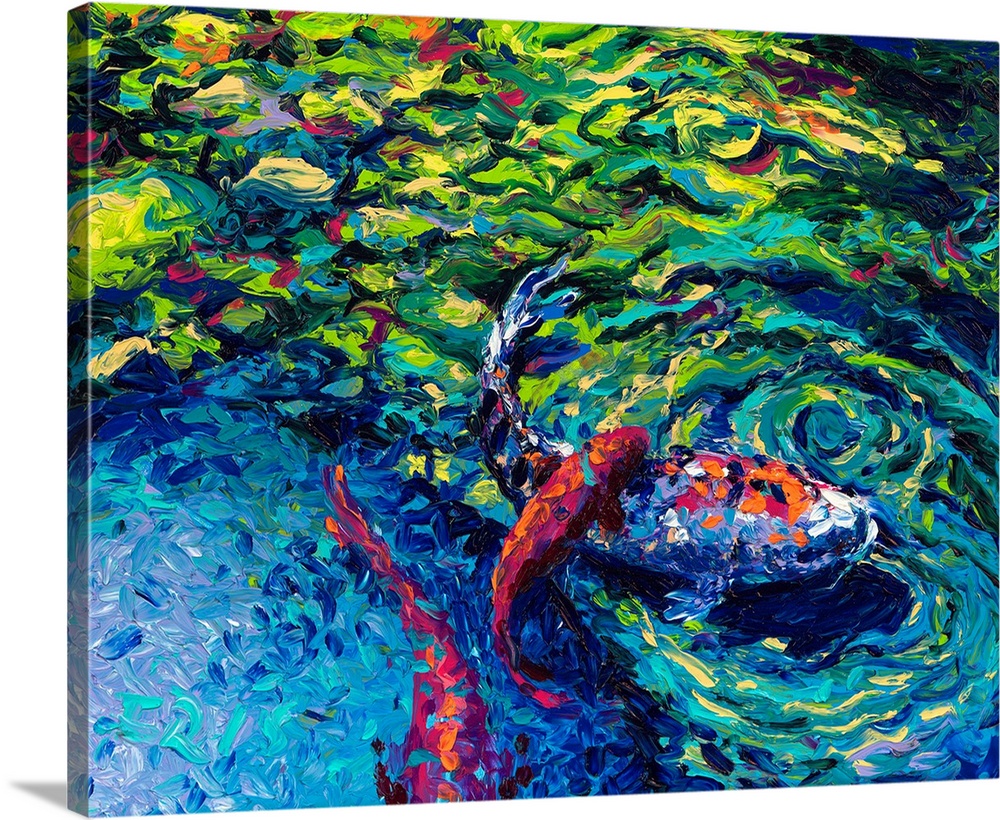 Brightly colored contemporary artwork of a koi fish in a pond.