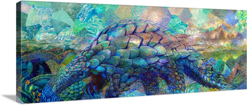 Brightly colored contemporary artwork of a colorful pangolin.