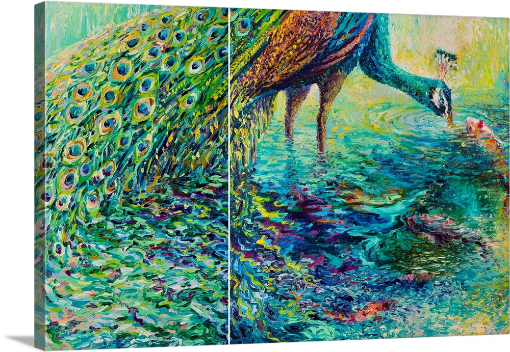 Brightly colored contemporary diptych painting of a peacock and fish in a pond.