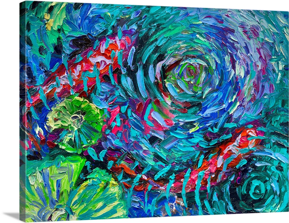 Brightly colored contemporary artwork of a koi fish under rippling water.