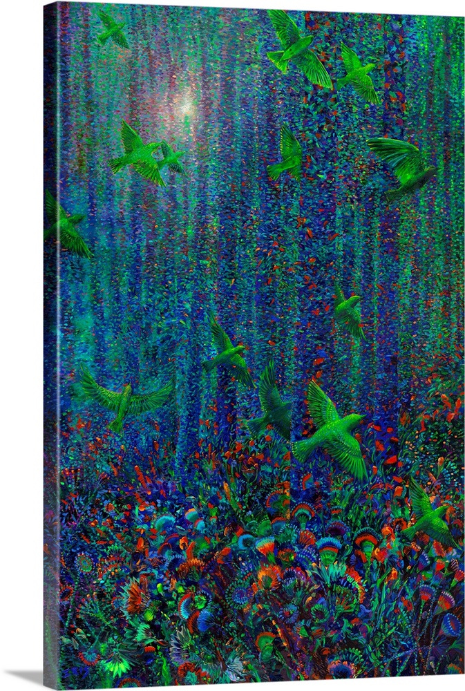 Brightly colored contemporary artwork of birds flying through a colorful forest.