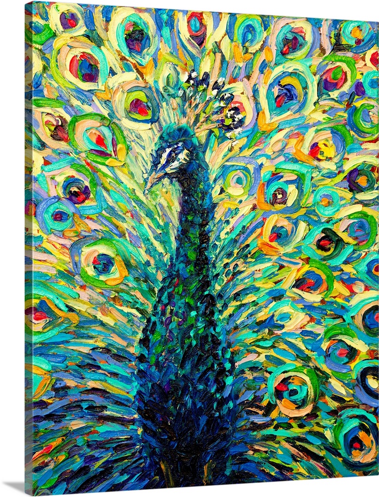 Brightly colored contemporary artwork of a peacock with it's tail fanned out.