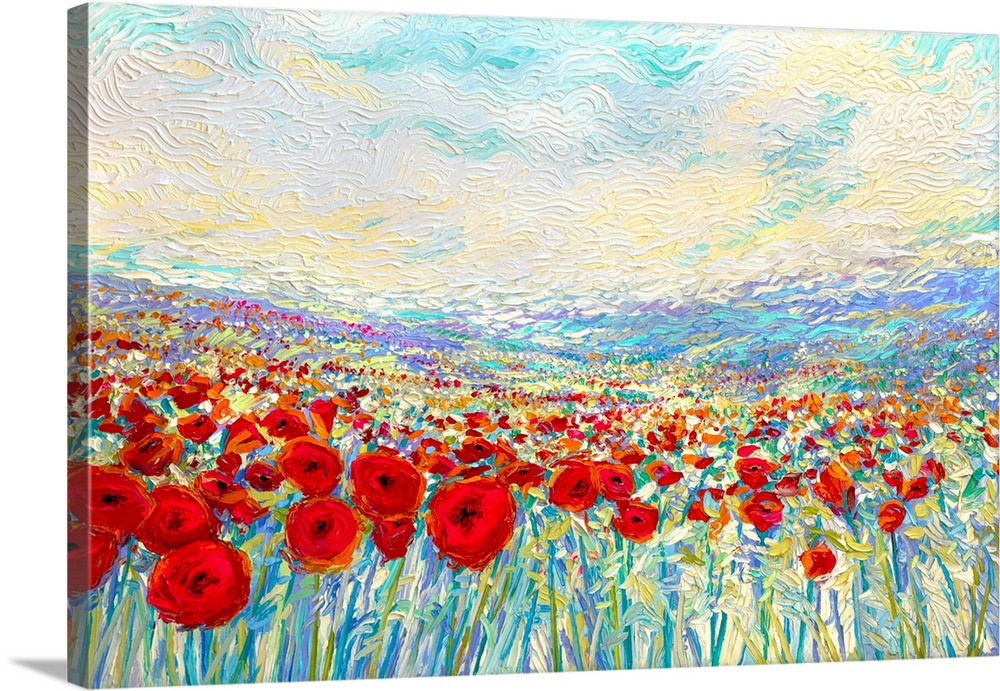Brightly colored contemporary artwork of a painting of a field of red poppies.