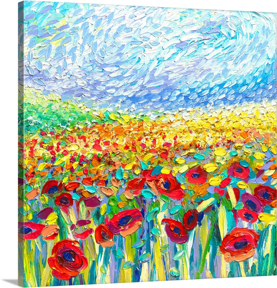 Brightly colored contemporary artwork of a painting of a field of red and yellow poppies.