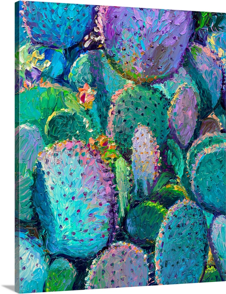 Brightly colored contemporary artwork of a blue, green, and purple cacti.
