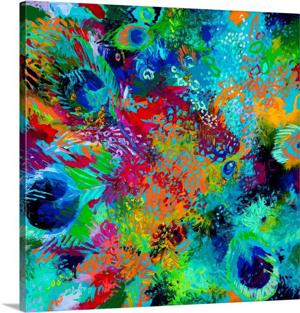 Brightly colored contemporary artwork of a colorful painting of feathers.