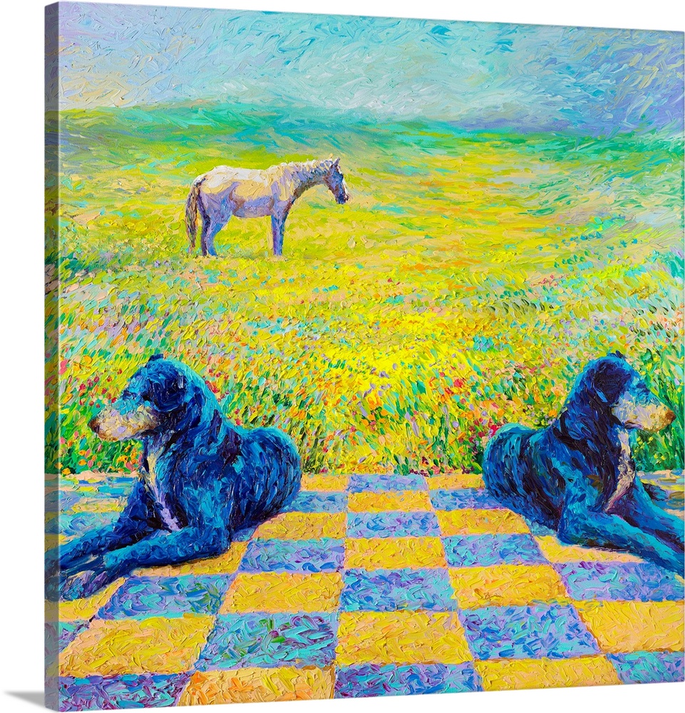 Brightly colored contemporary artwork of two dogs laying in a field with a horse.