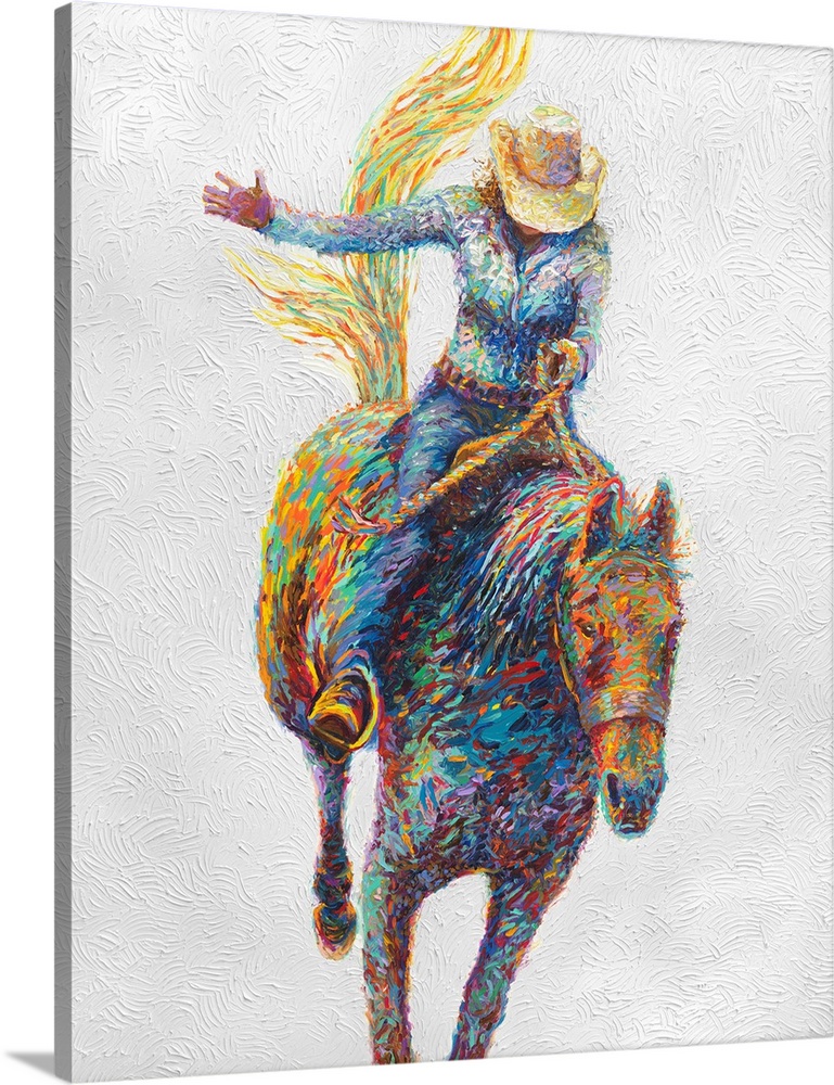 Brightly colored contemporary artwork of a woman riding a horse.