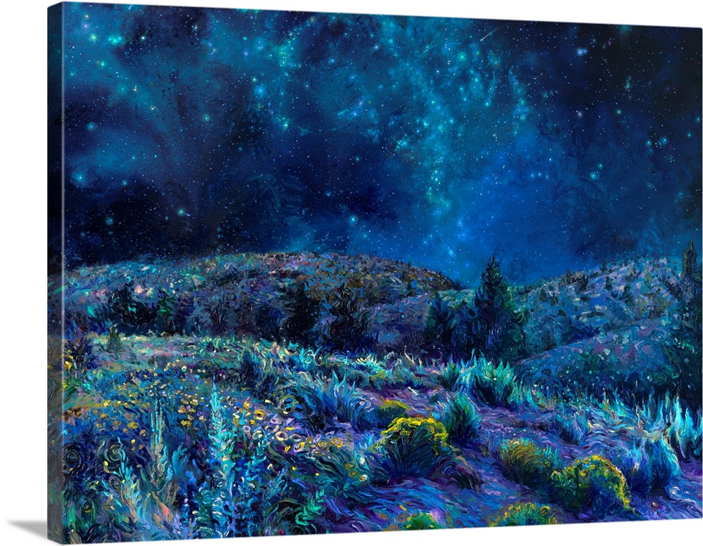 Brightly colored contemporary artwork of a cool toned landscape of the night sky and a field.