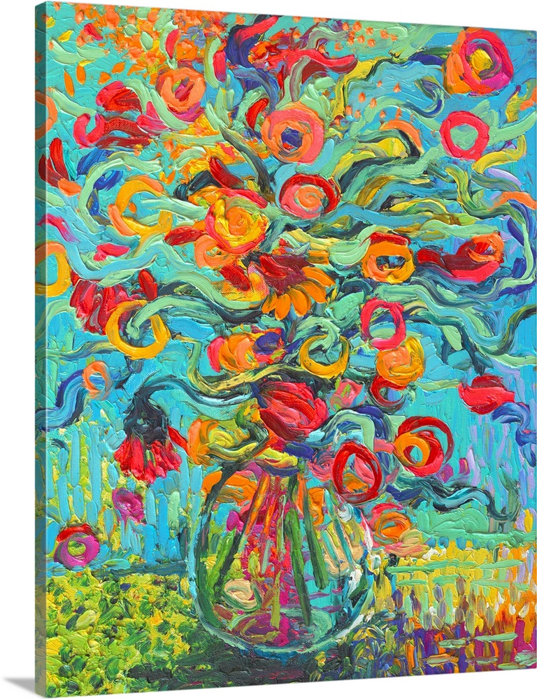 Brightly colored contemporary artwork of a fingerpainting of red and orange flowers in a vase.