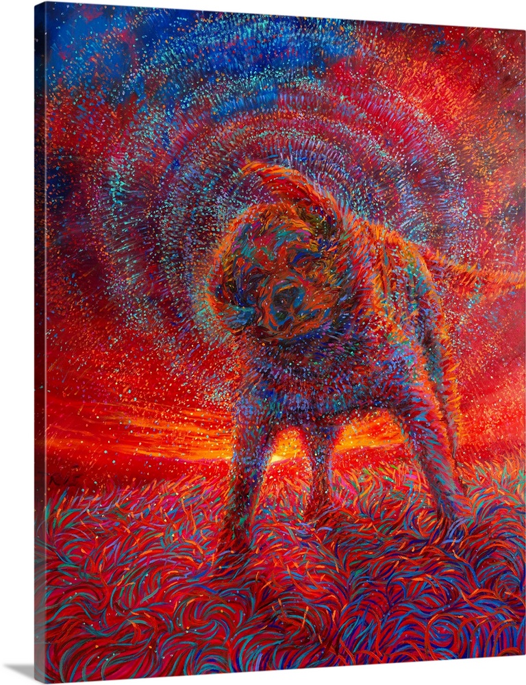 Brightly colored contemporary artwork of a dog shaking off water in the sunset.