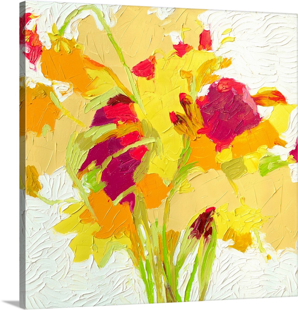 Brightly colored contemporary artwork of a red, yellow, and orange flowers.