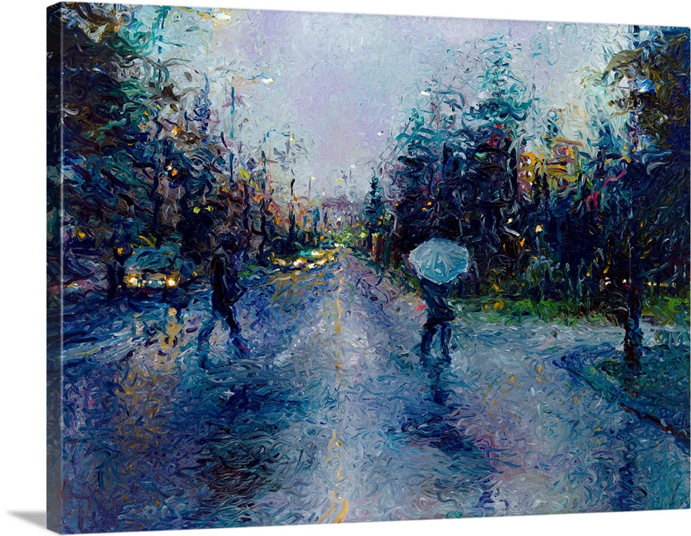 Brightly colored contemporary artwork of people crossing a crosswalk in the rain.