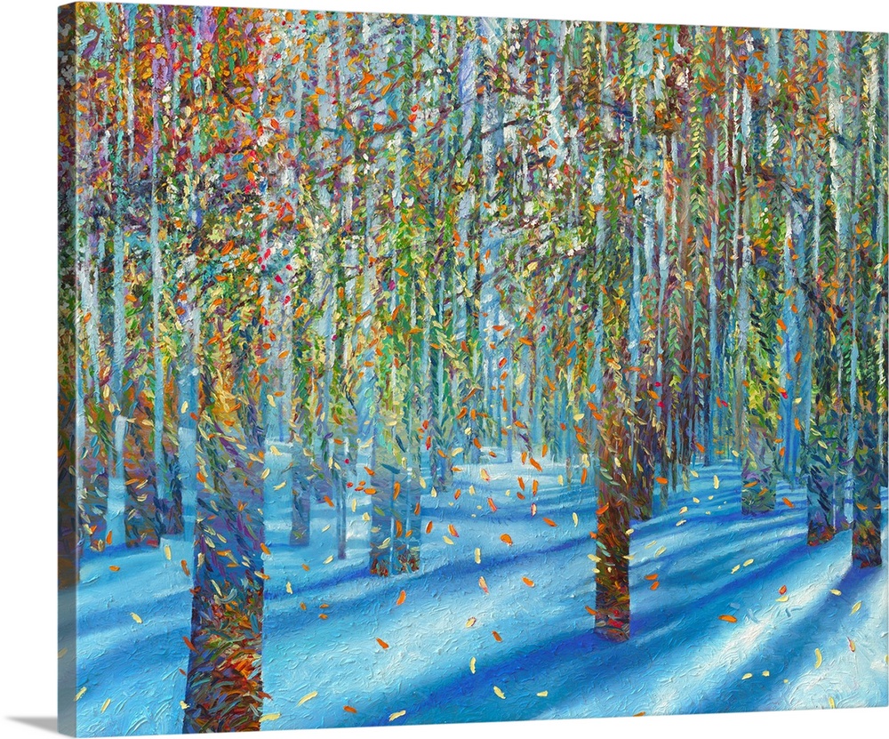 Brightly colored contemporary artwork of leaves falling from trees in the snow.