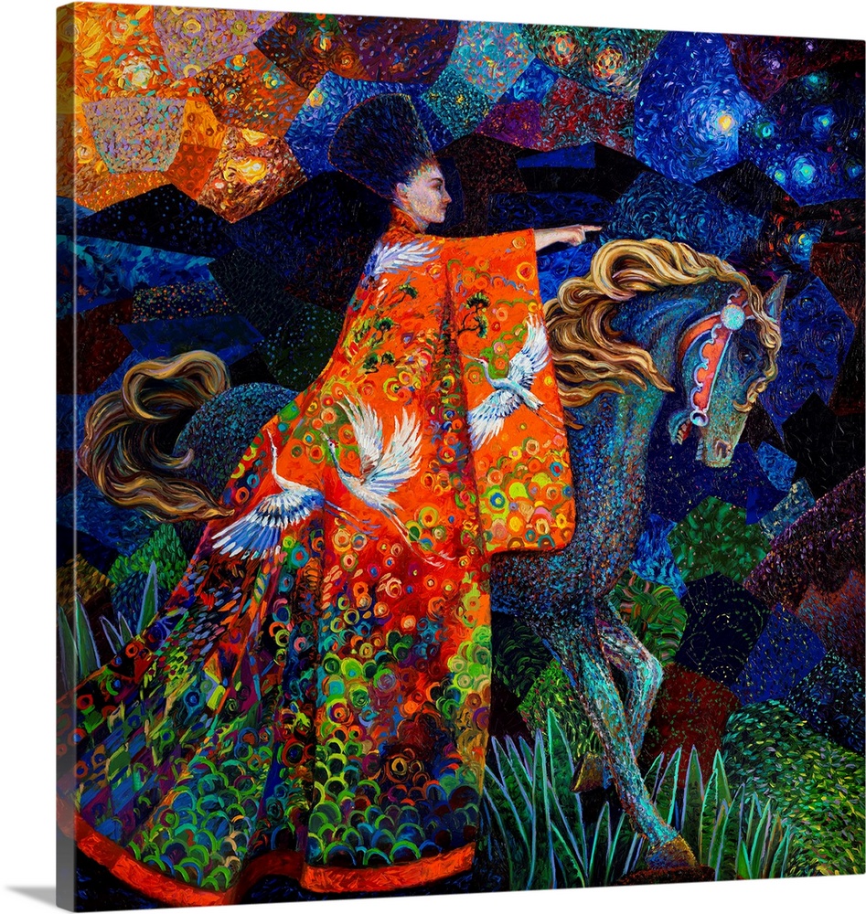 Brightly colored contemporary artwork of a woman in orange robes riding a horse.