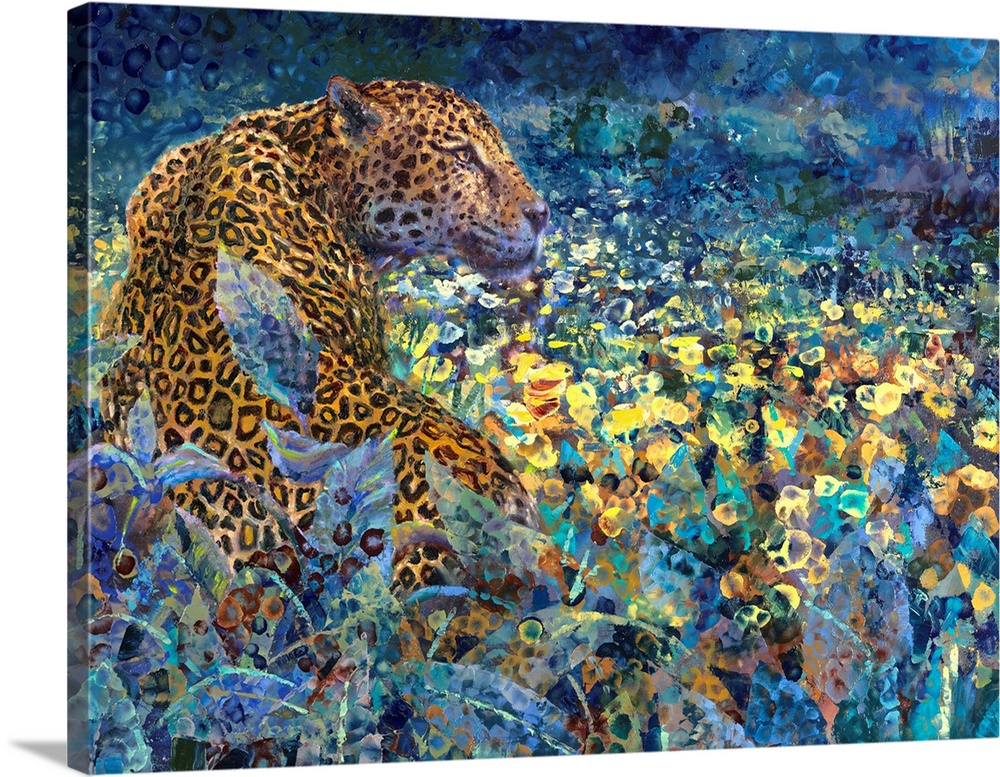 Brightly colored contemporary artwork of a spotted leopard sitting in a forest.