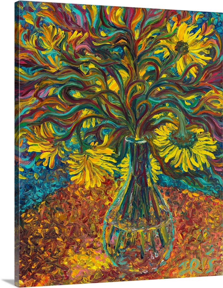 Brightly colored contemporary artwork of yellow flowers in a vase.