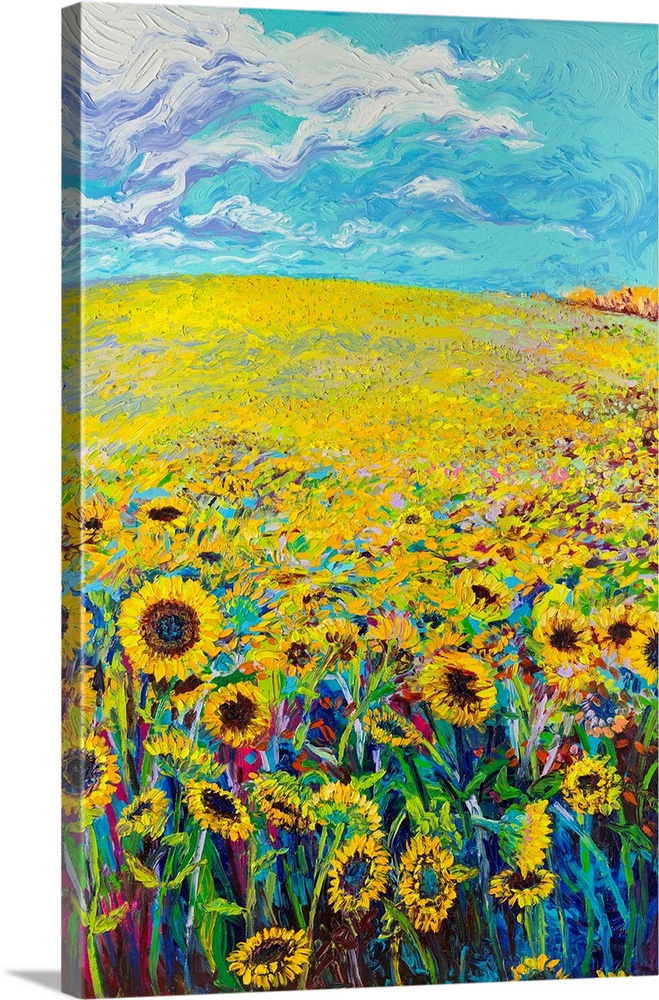 Brightly colored triptych of a sunflower field. Panel 1 of 3.