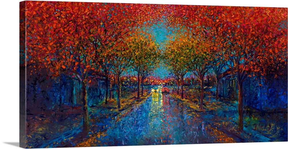 Brightly colored contemporary artwork of a symetrical street lined with trees.