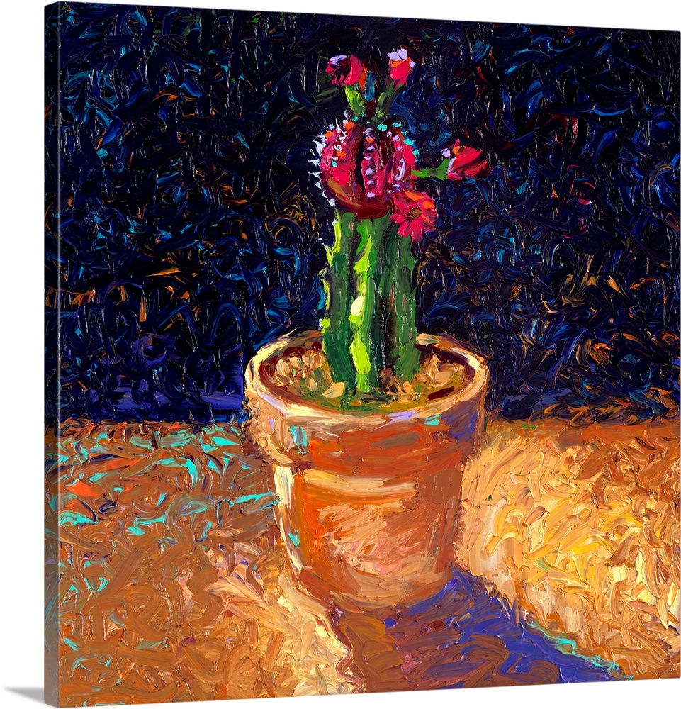 Brightly colored contemporary artwork of a cactus in a pot.