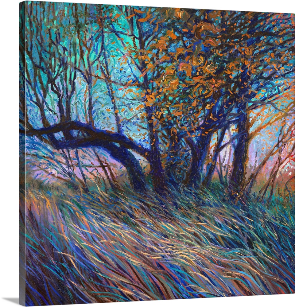 Brightly colored contemporary artwork of a colorful tree in a field.