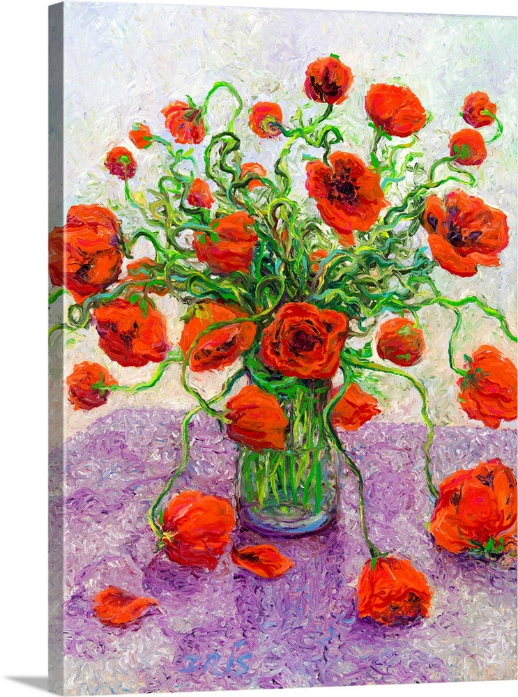 Brightly colored contemporary artwork of red poppies in a vase.